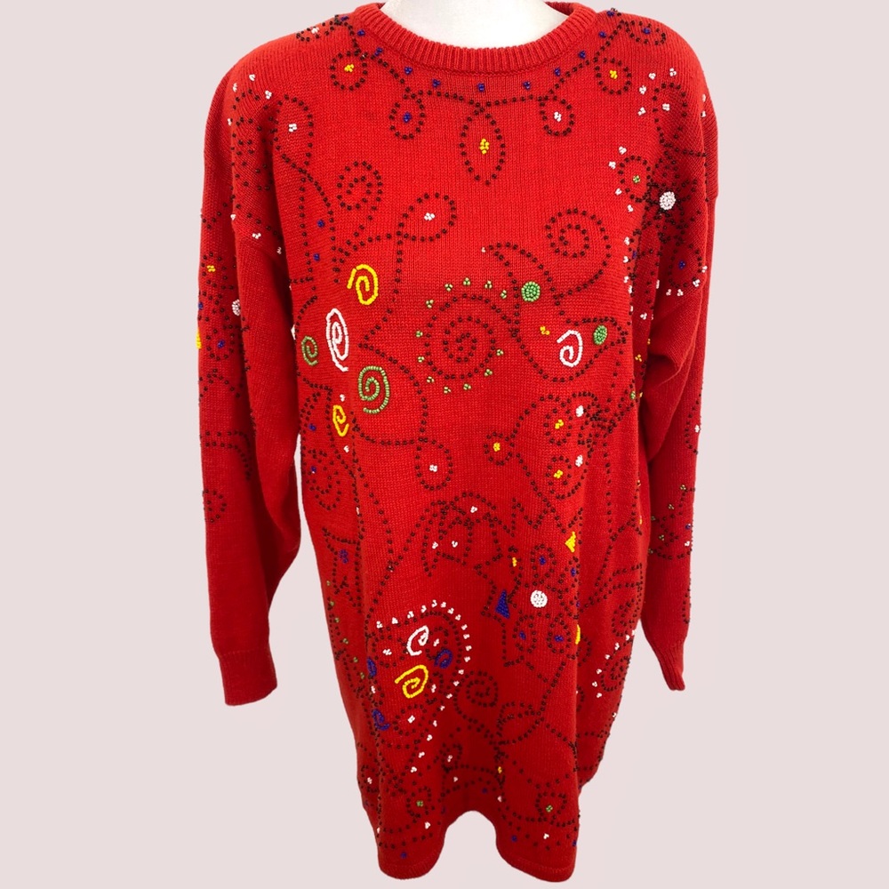 Vintage Red Multicolor Beaded Funky Long Sweater